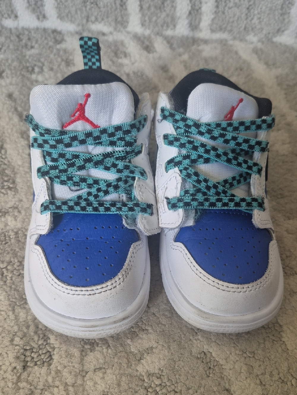 Kids White and Blue Athletic Shoes with Checkerboard Lace Accents